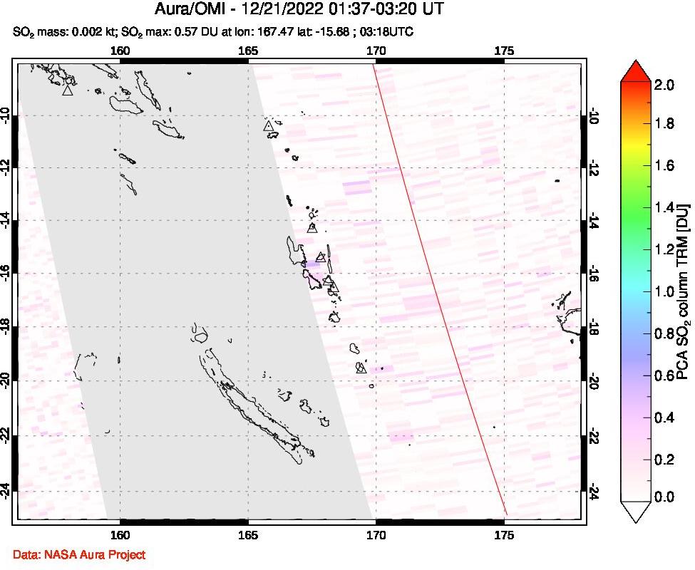 A sulfur dioxide image over Vanuatu, South Pacific on Dec 21, 2022.