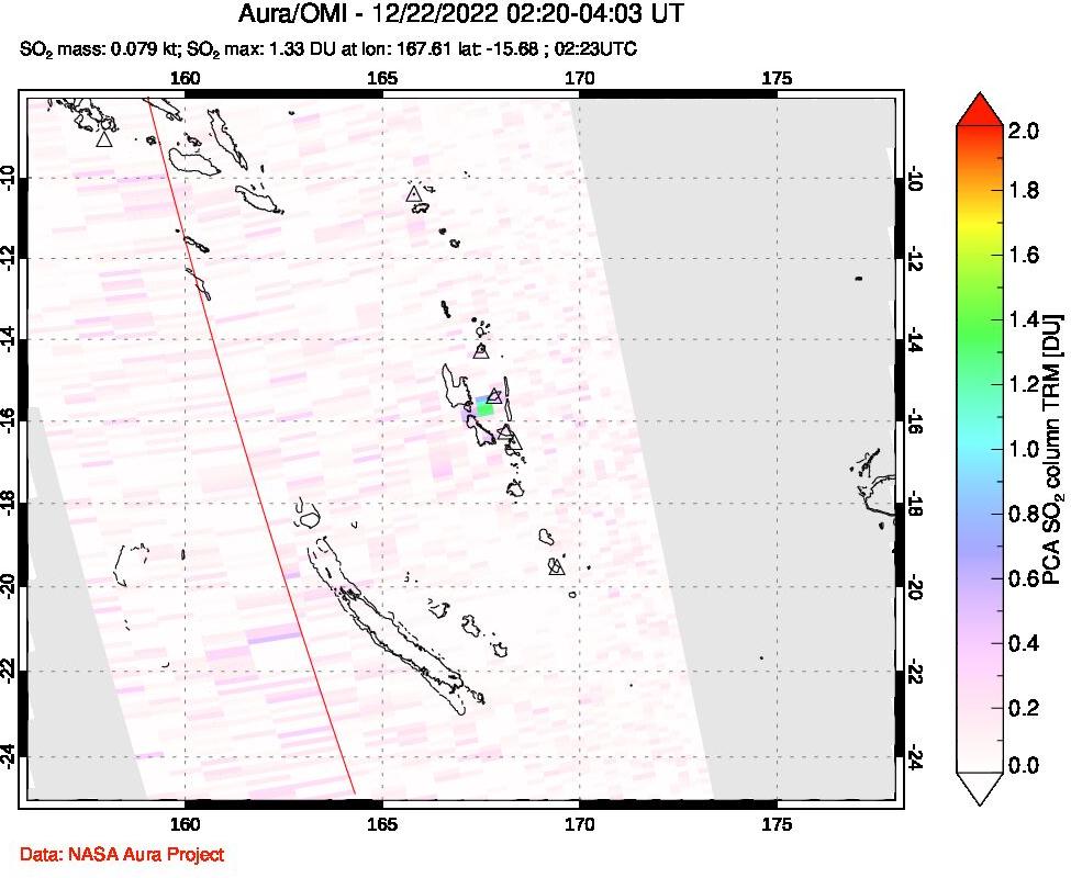 A sulfur dioxide image over Vanuatu, South Pacific on Dec 22, 2022.