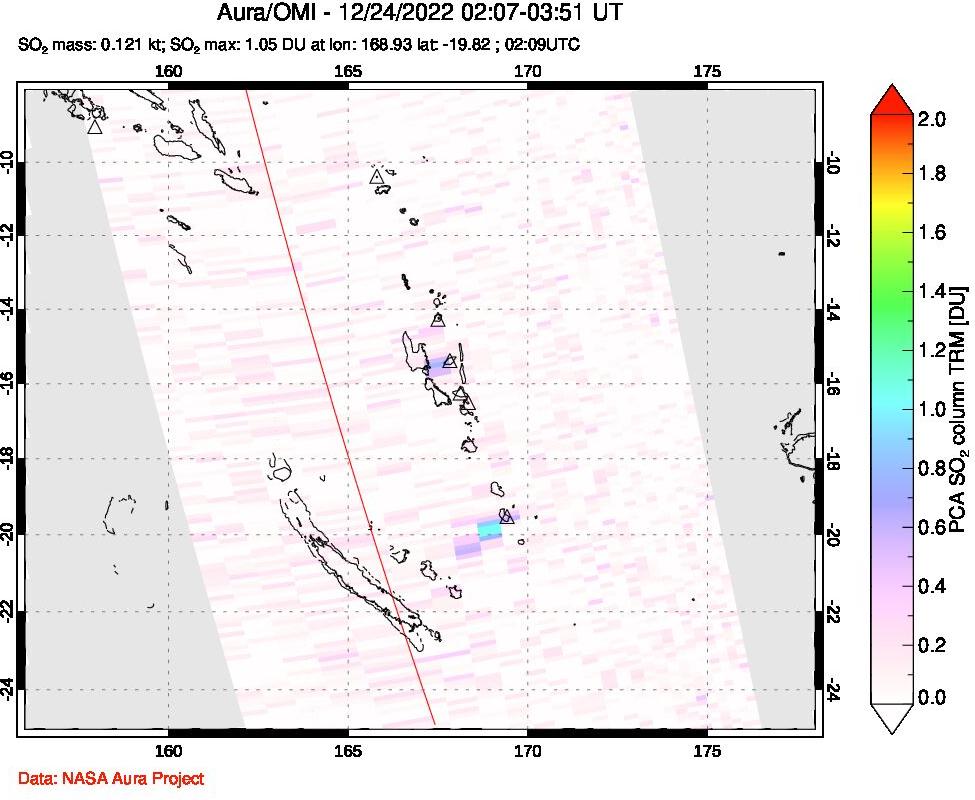 A sulfur dioxide image over Vanuatu, South Pacific on Dec 24, 2022.
