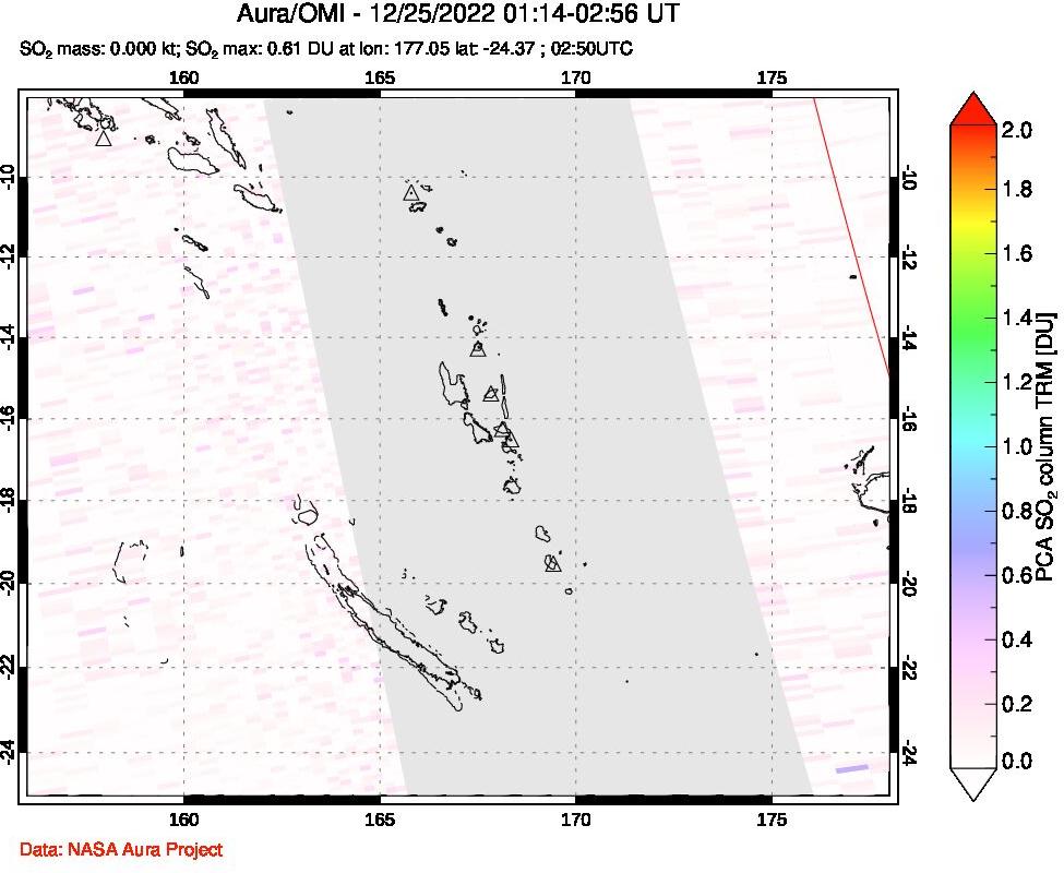 A sulfur dioxide image over Vanuatu, South Pacific on Dec 25, 2022.