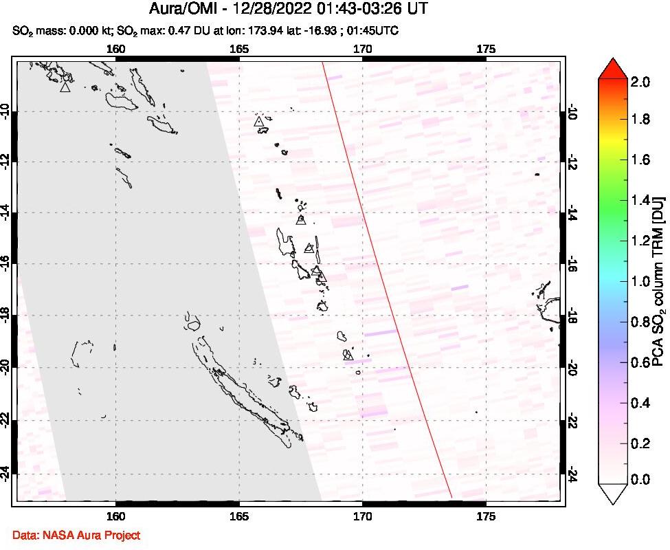 A sulfur dioxide image over Vanuatu, South Pacific on Dec 28, 2022.