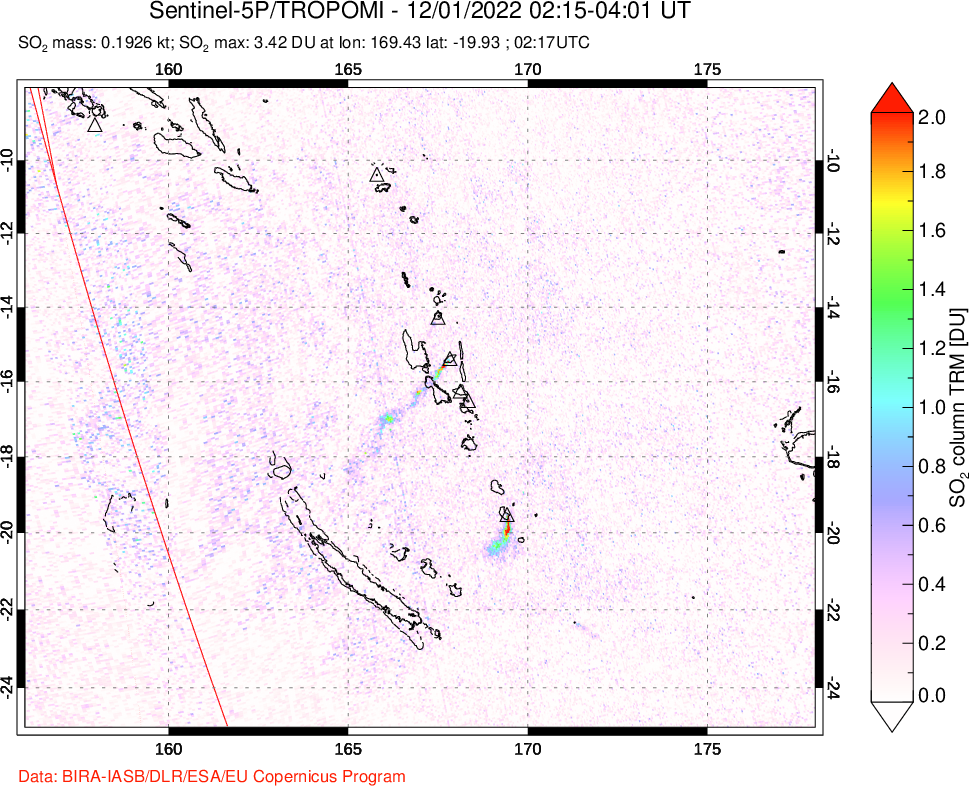 A sulfur dioxide image over Vanuatu, South Pacific on Dec 01, 2022.