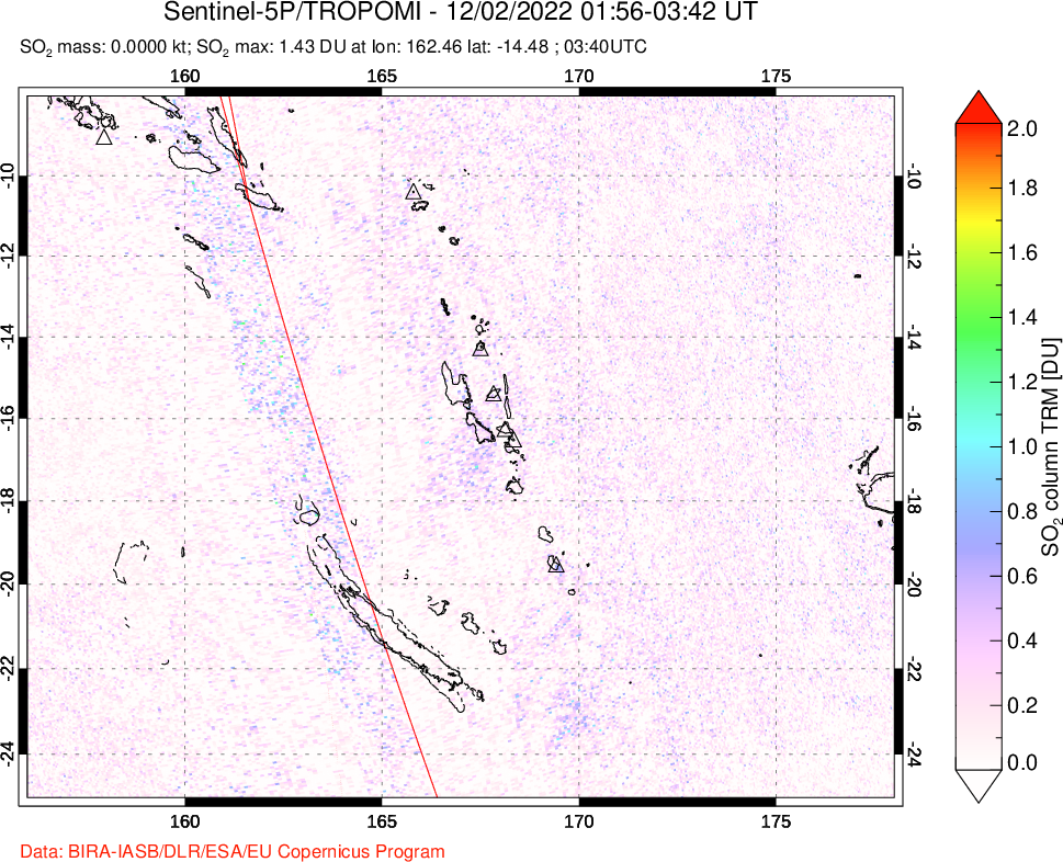 A sulfur dioxide image over Vanuatu, South Pacific on Dec 02, 2022.
