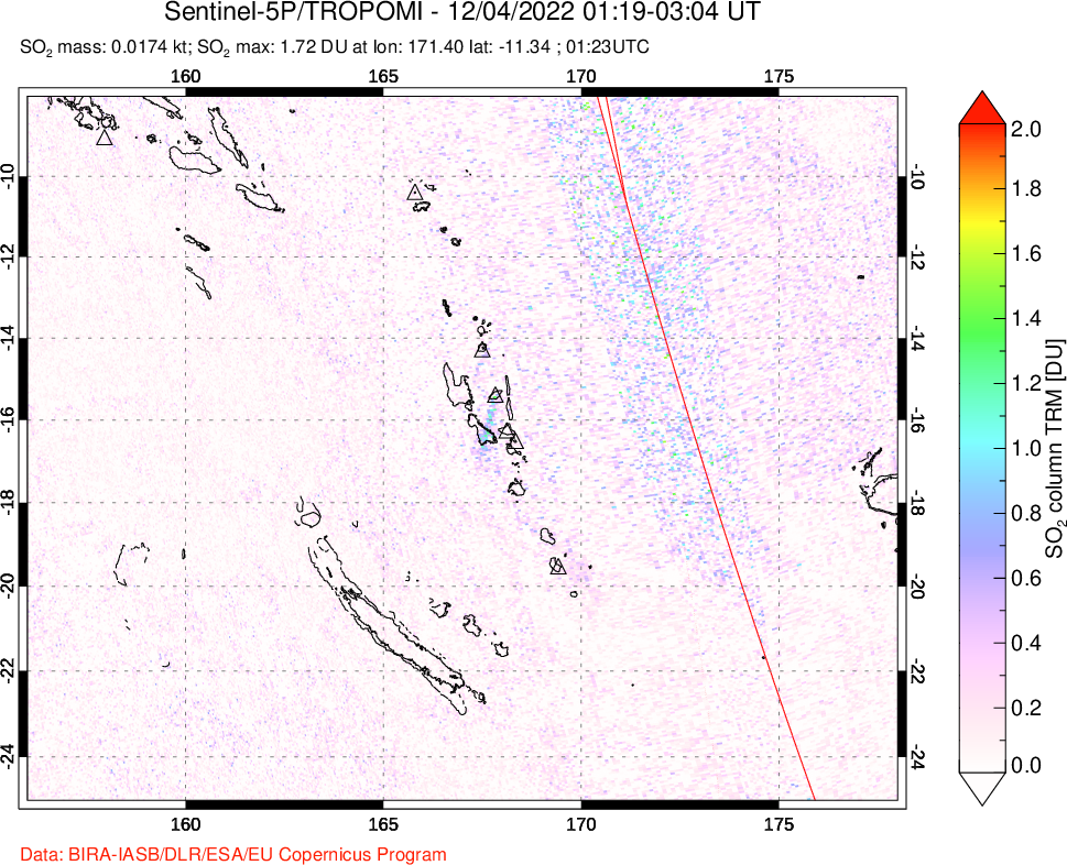 A sulfur dioxide image over Vanuatu, South Pacific on Dec 04, 2022.