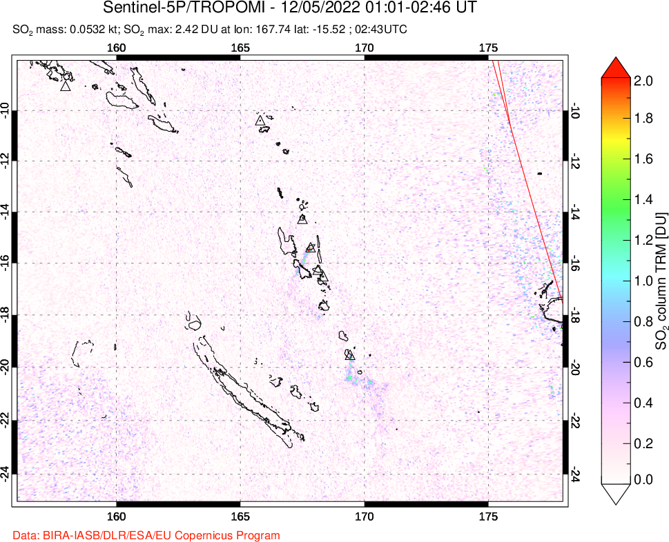 A sulfur dioxide image over Vanuatu, South Pacific on Dec 05, 2022.