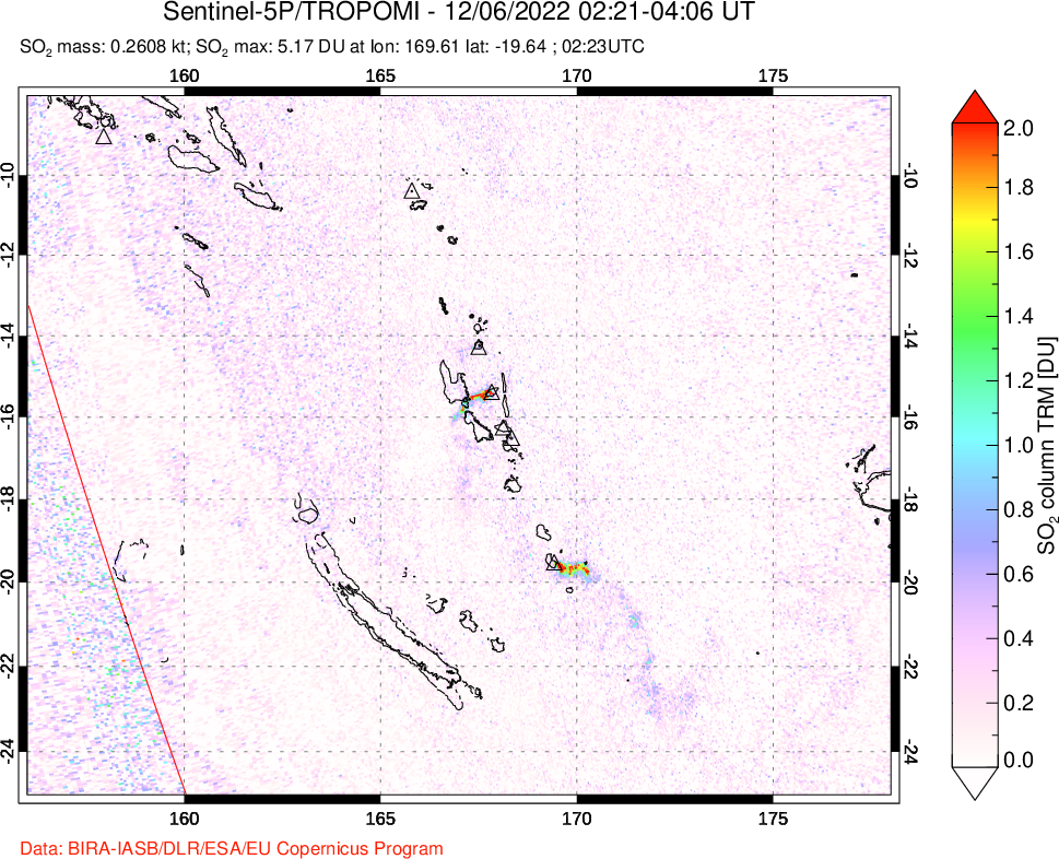 A sulfur dioxide image over Vanuatu, South Pacific on Dec 06, 2022.