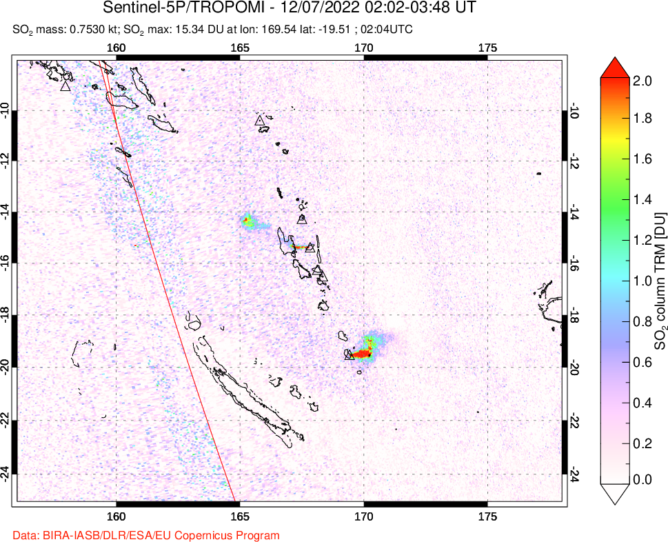 A sulfur dioxide image over Vanuatu, South Pacific on Dec 07, 2022.