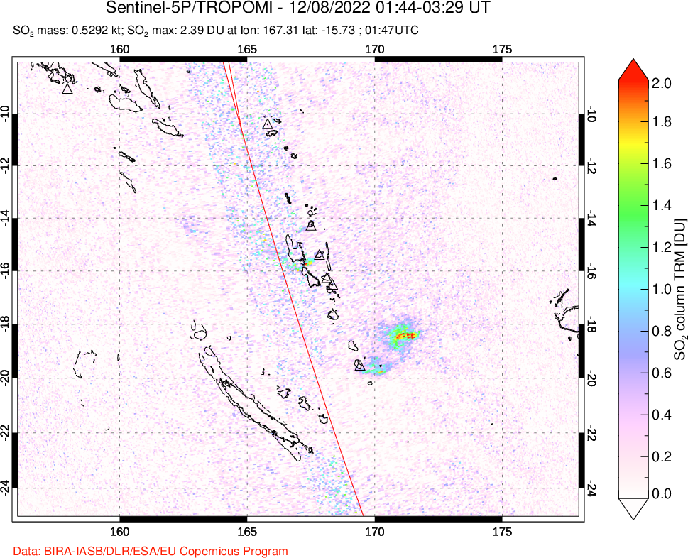 A sulfur dioxide image over Vanuatu, South Pacific on Dec 08, 2022.
