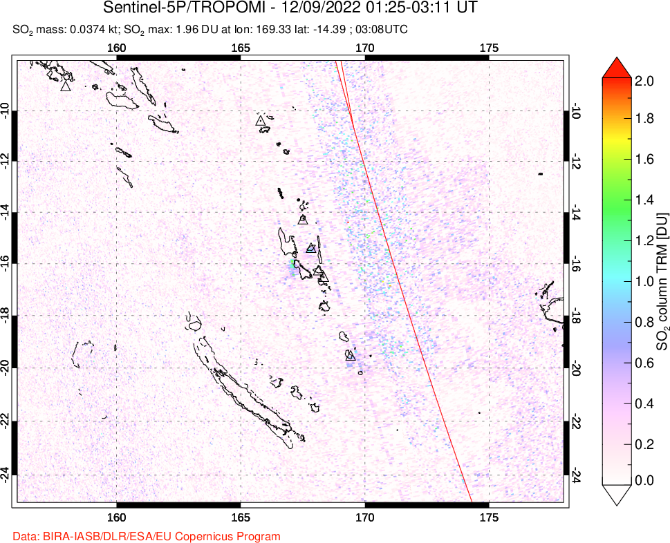 A sulfur dioxide image over Vanuatu, South Pacific on Dec 09, 2022.