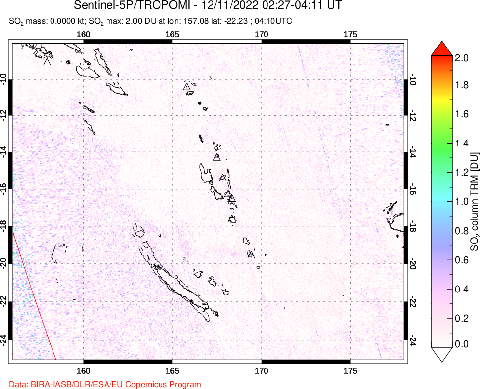 A sulfur dioxide image over Vanuatu, South Pacific on Dec 11, 2022.