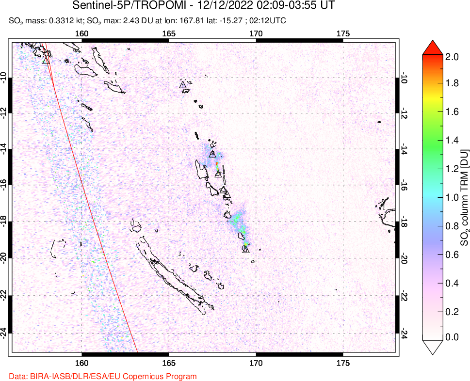 A sulfur dioxide image over Vanuatu, South Pacific on Dec 12, 2022.