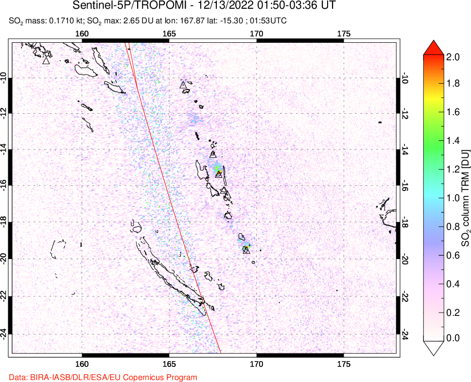 A sulfur dioxide image over Vanuatu, South Pacific on Dec 13, 2022.