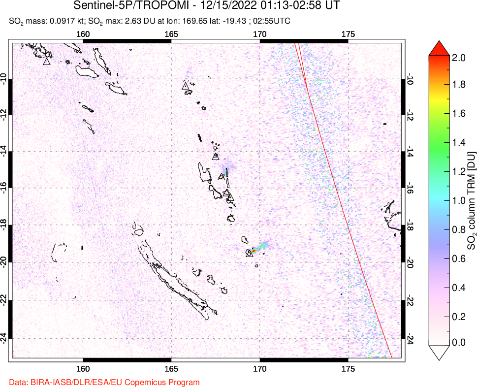 A sulfur dioxide image over Vanuatu, South Pacific on Dec 15, 2022.
