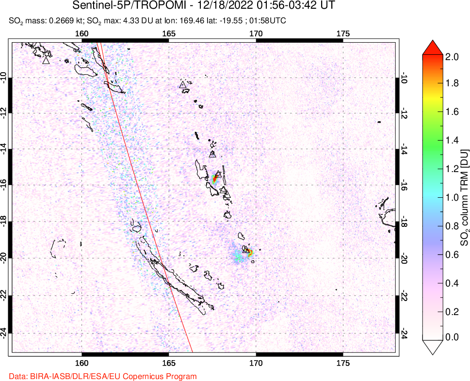 A sulfur dioxide image over Vanuatu, South Pacific on Dec 18, 2022.