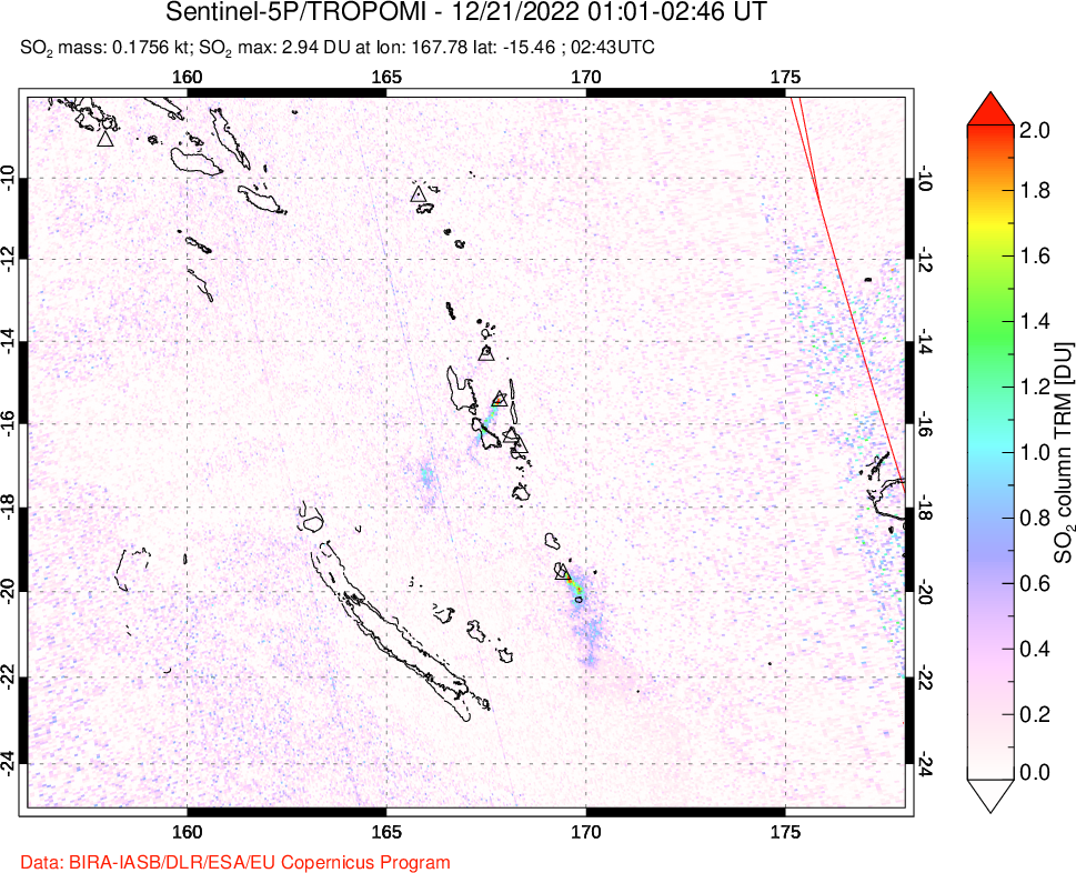 A sulfur dioxide image over Vanuatu, South Pacific on Dec 21, 2022.