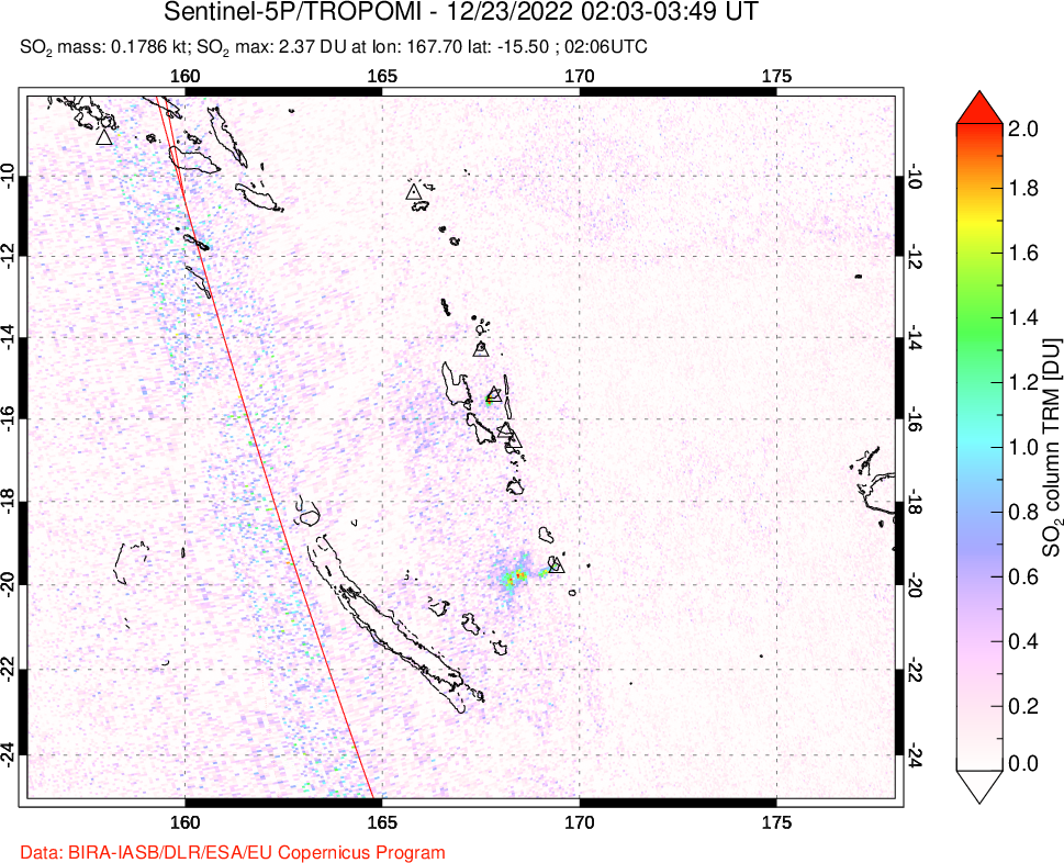 A sulfur dioxide image over Vanuatu, South Pacific on Dec 23, 2022.