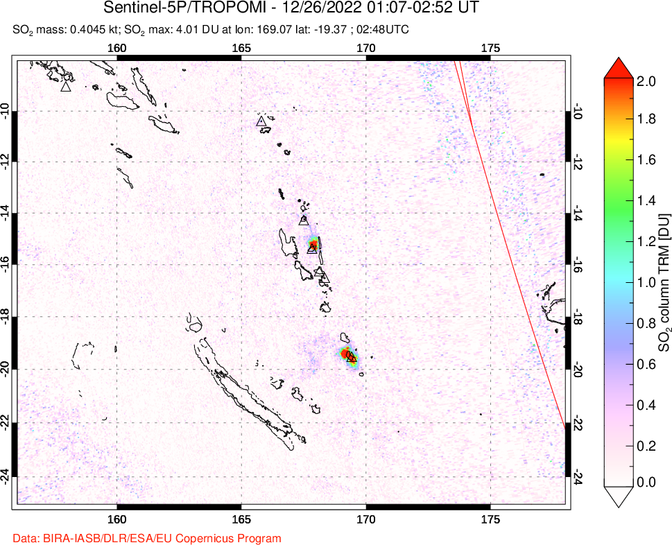 A sulfur dioxide image over Vanuatu, South Pacific on Dec 26, 2022.