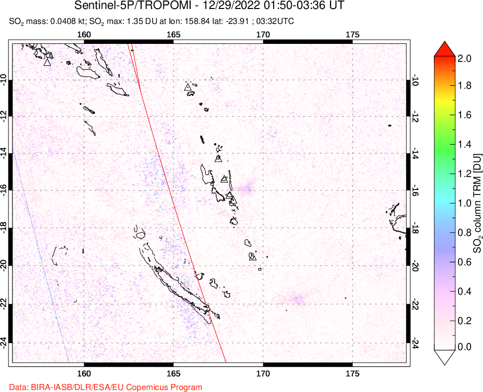 A sulfur dioxide image over Vanuatu, South Pacific on Dec 29, 2022.