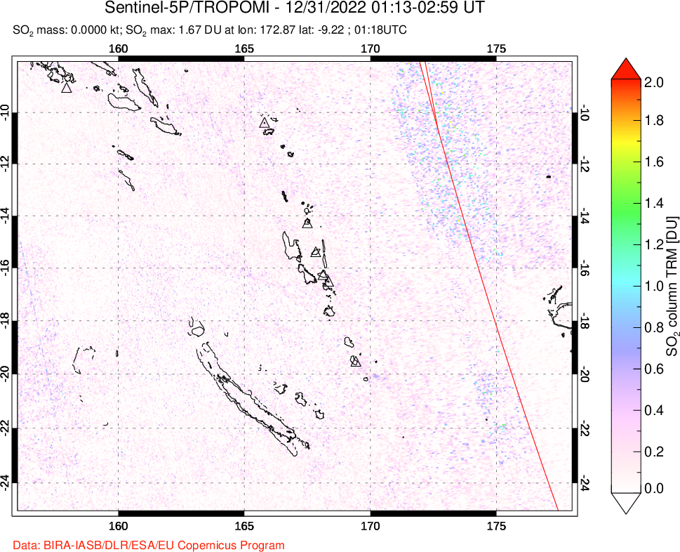 A sulfur dioxide image over Vanuatu, South Pacific on Dec 31, 2022.