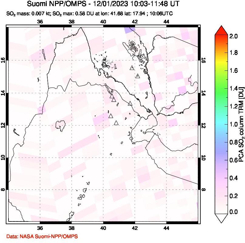 A sulfur dioxide image over Afar and southern Red Sea on Dec 01, 2023.