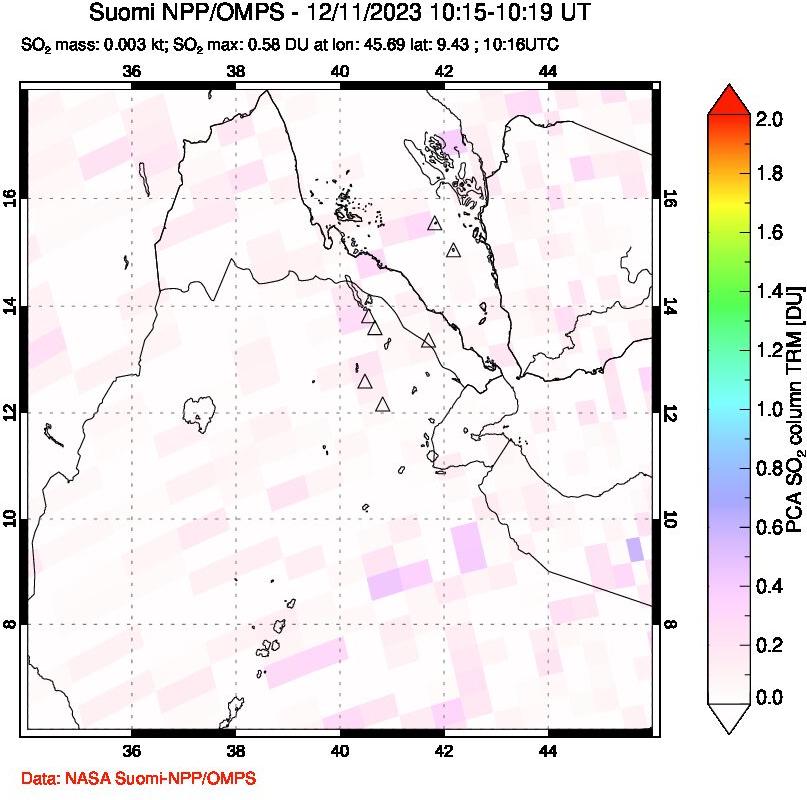 A sulfur dioxide image over Afar and southern Red Sea on Dec 11, 2023.