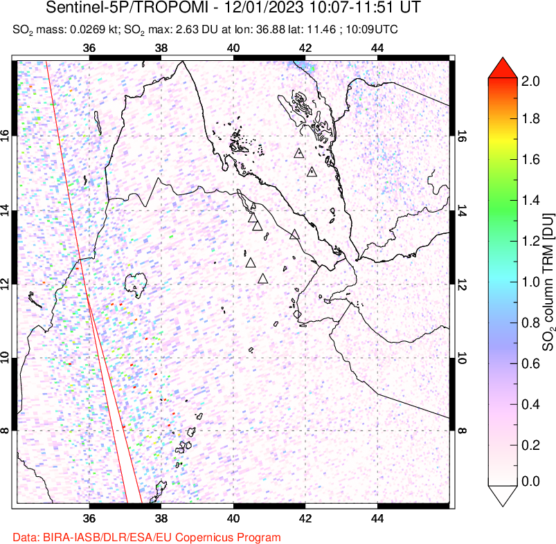 A sulfur dioxide image over Afar and southern Red Sea on Dec 01, 2023.