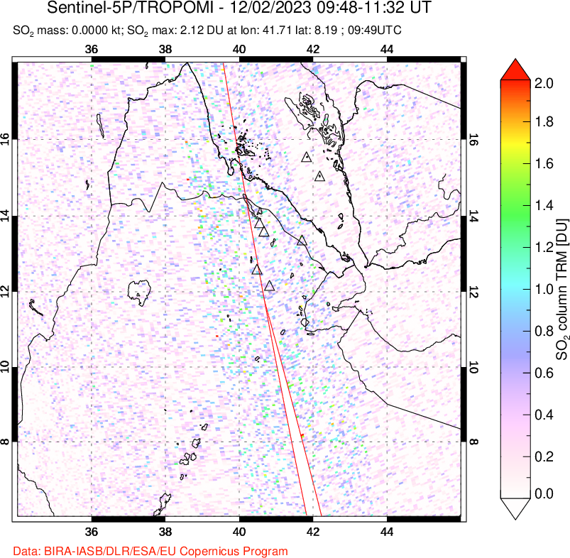 A sulfur dioxide image over Afar and southern Red Sea on Dec 02, 2023.