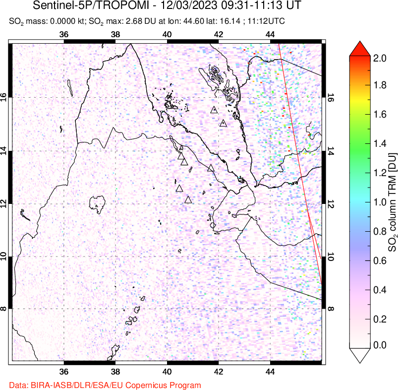 A sulfur dioxide image over Afar and southern Red Sea on Dec 03, 2023.