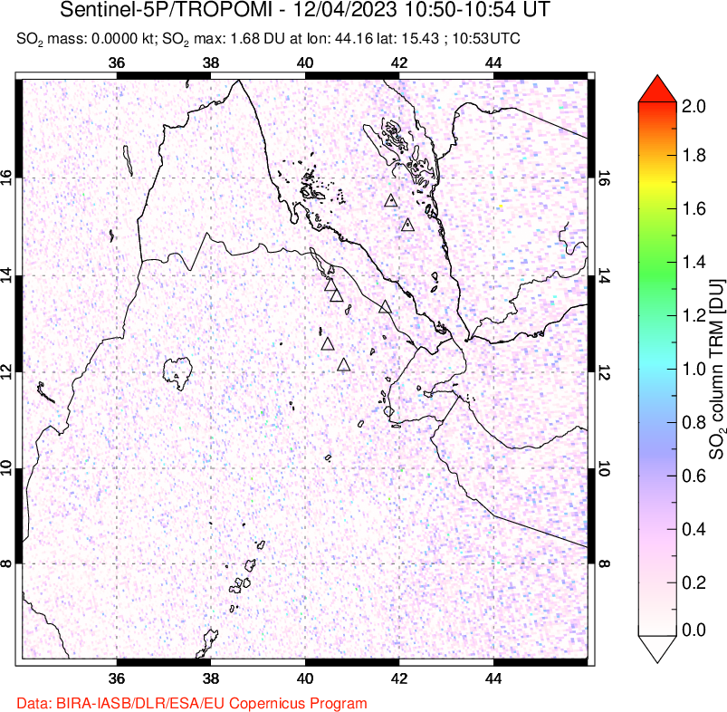 A sulfur dioxide image over Afar and southern Red Sea on Dec 04, 2023.