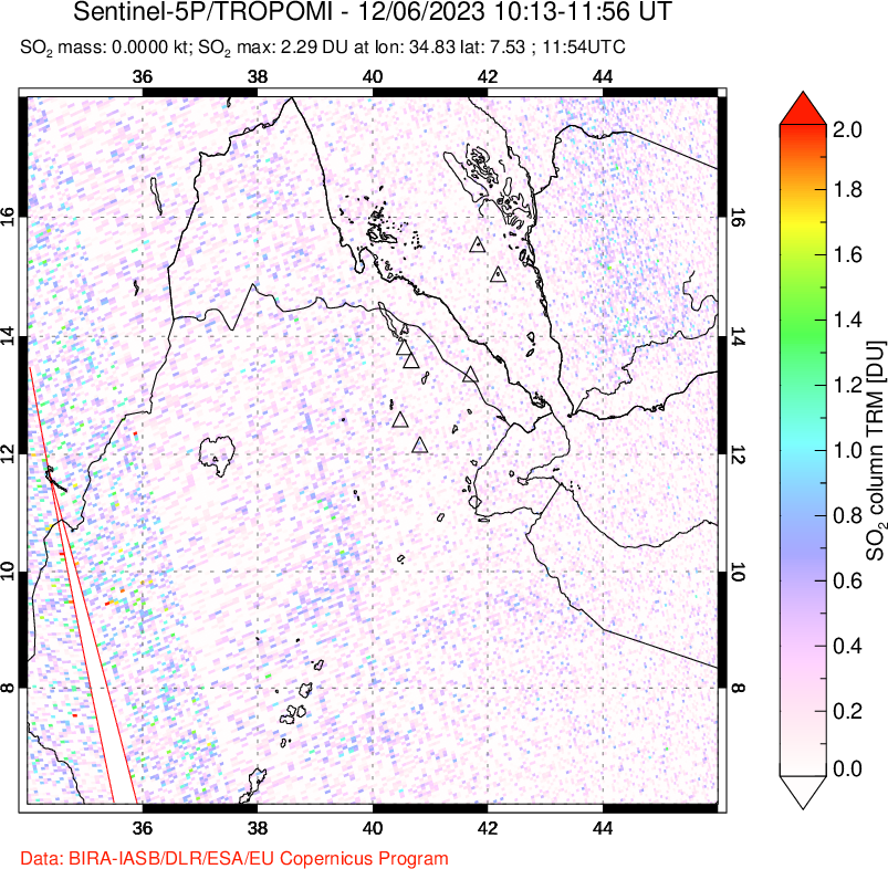 A sulfur dioxide image over Afar and southern Red Sea on Dec 06, 2023.