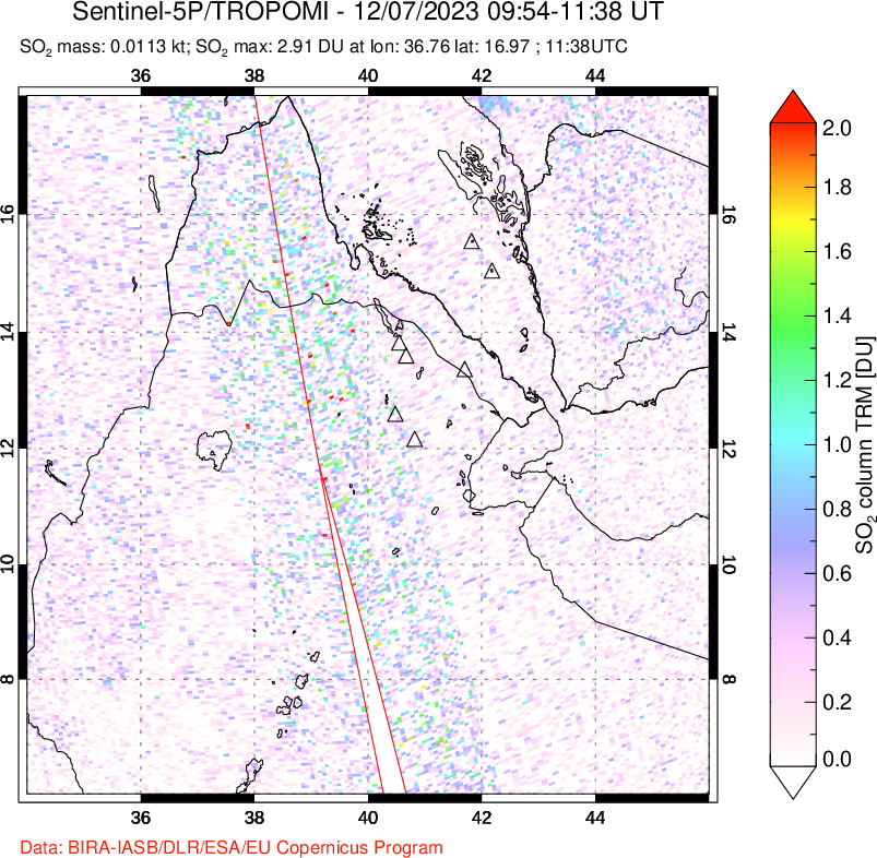 A sulfur dioxide image over Afar and southern Red Sea on Dec 07, 2023.