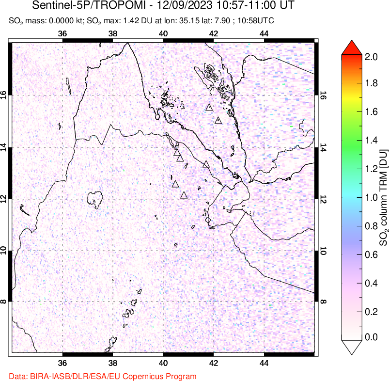 A sulfur dioxide image over Afar and southern Red Sea on Dec 09, 2023.