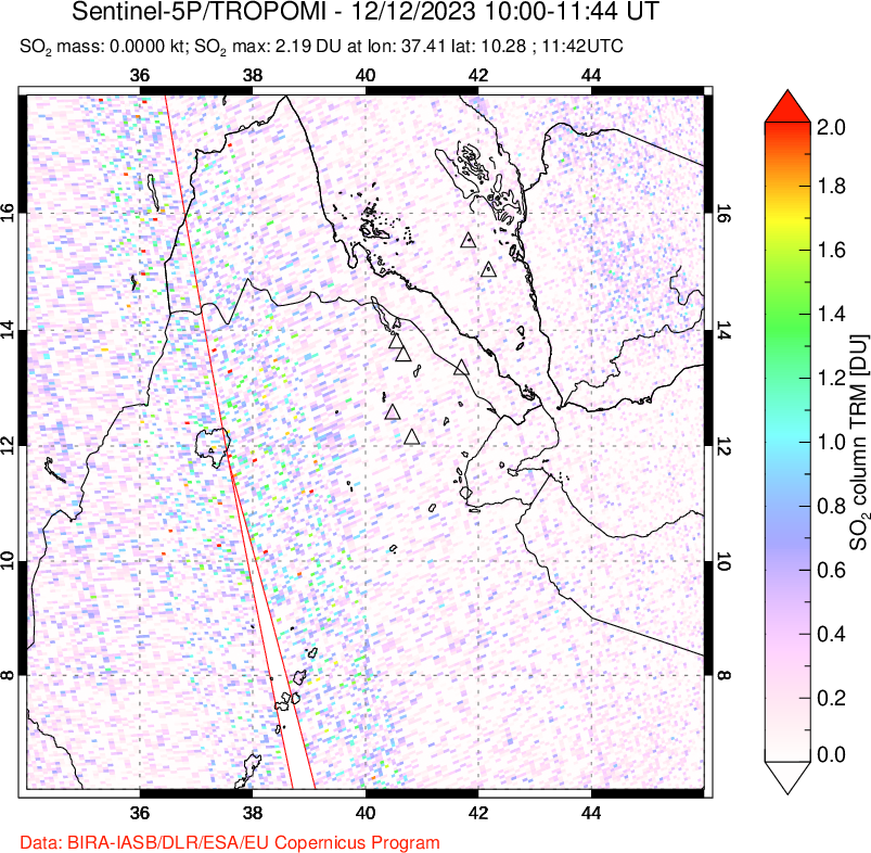 A sulfur dioxide image over Afar and southern Red Sea on Dec 12, 2023.