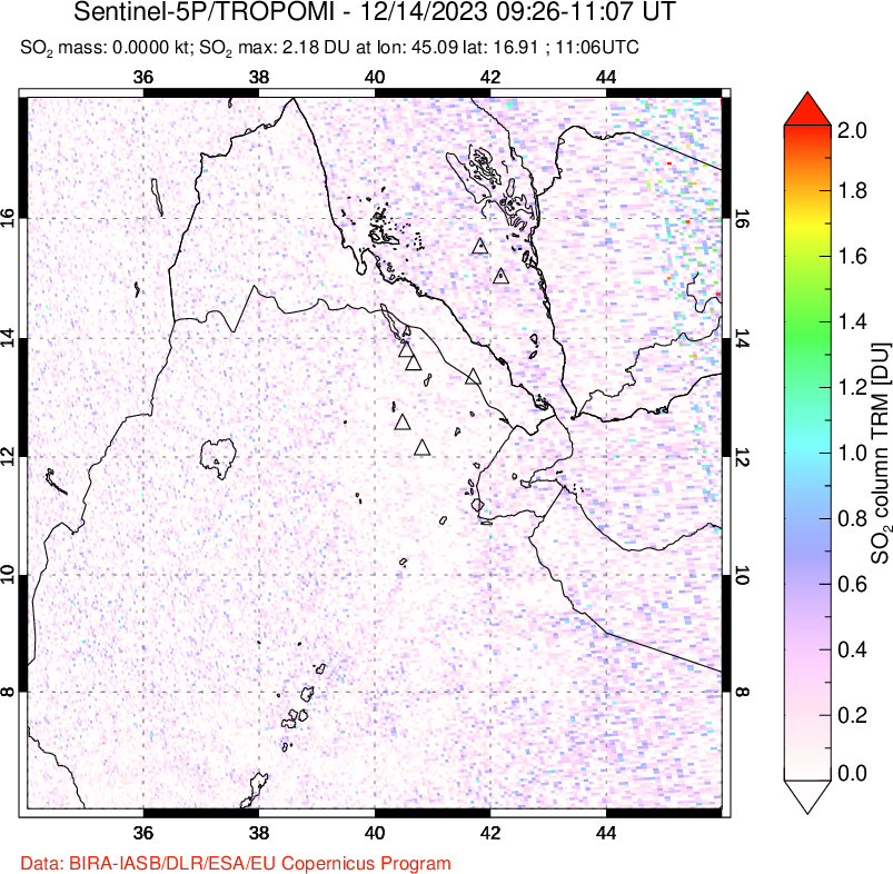 A sulfur dioxide image over Afar and southern Red Sea on Dec 14, 2023.