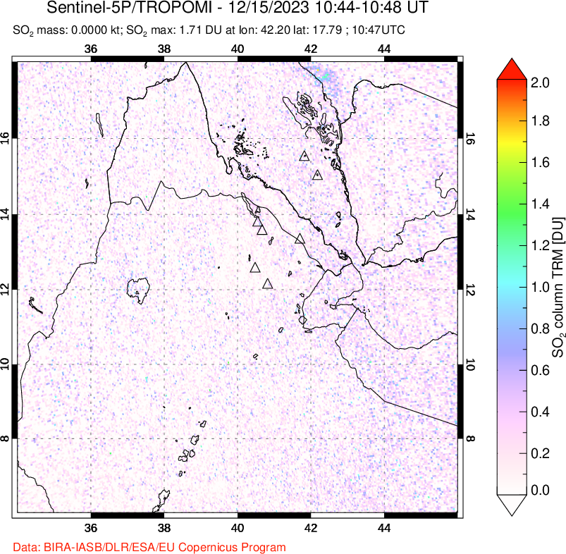 A sulfur dioxide image over Afar and southern Red Sea on Dec 15, 2023.