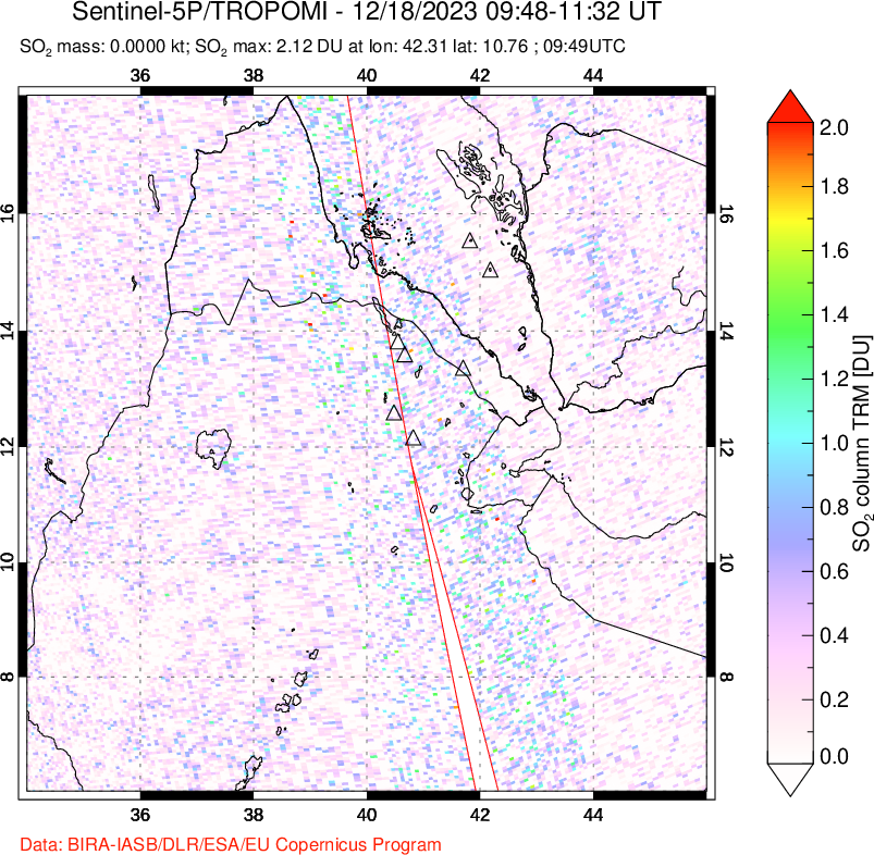 A sulfur dioxide image over Afar and southern Red Sea on Dec 18, 2023.