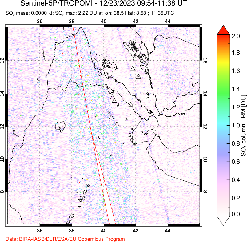 A sulfur dioxide image over Afar and southern Red Sea on Dec 23, 2023.