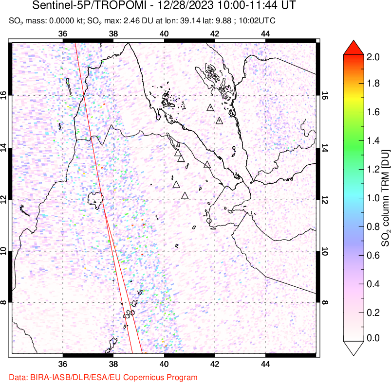 A sulfur dioxide image over Afar and southern Red Sea on Dec 28, 2023.