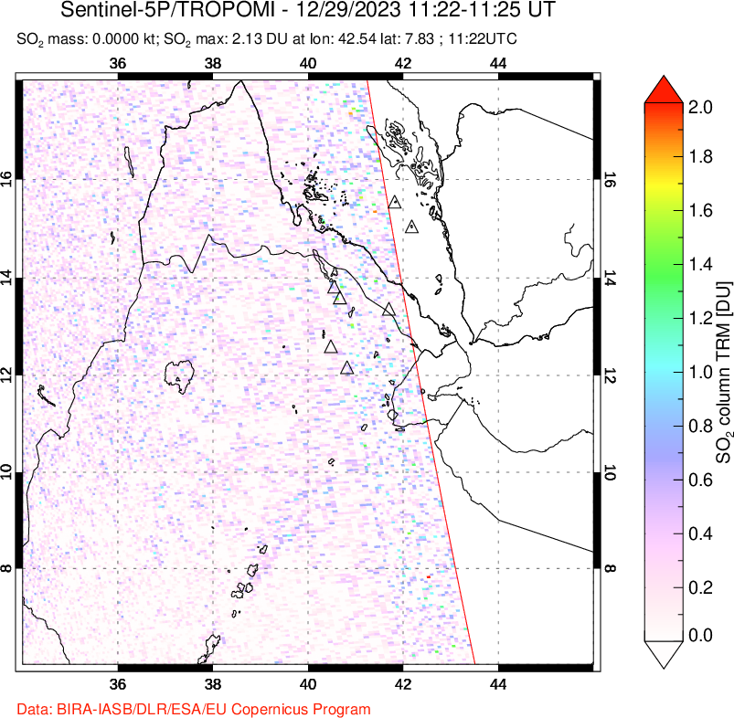 A sulfur dioxide image over Afar and southern Red Sea on Dec 29, 2023.