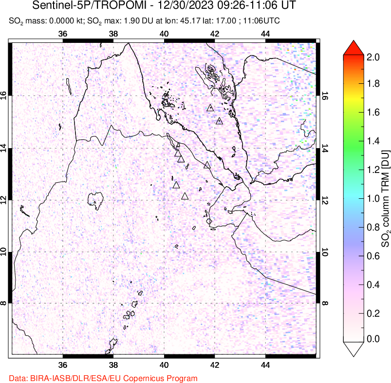 A sulfur dioxide image over Afar and southern Red Sea on Dec 30, 2023.