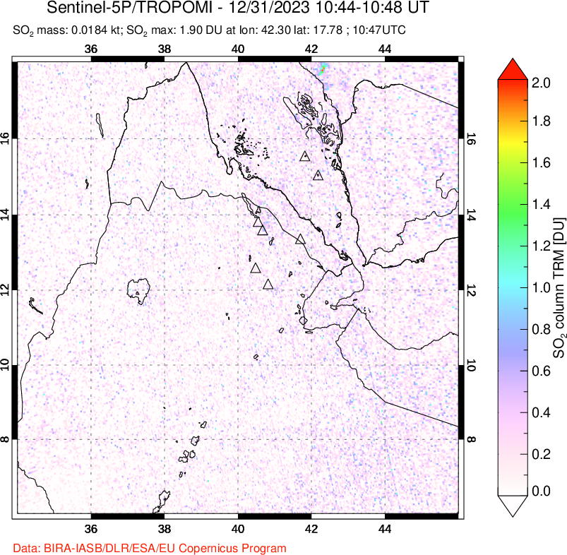 A sulfur dioxide image over Afar and southern Red Sea on Dec 31, 2023.