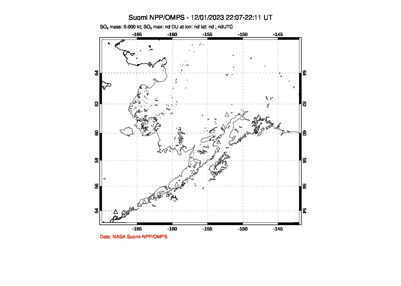 A sulfur dioxide image over Alaska, USA on Dec 01, 2023.