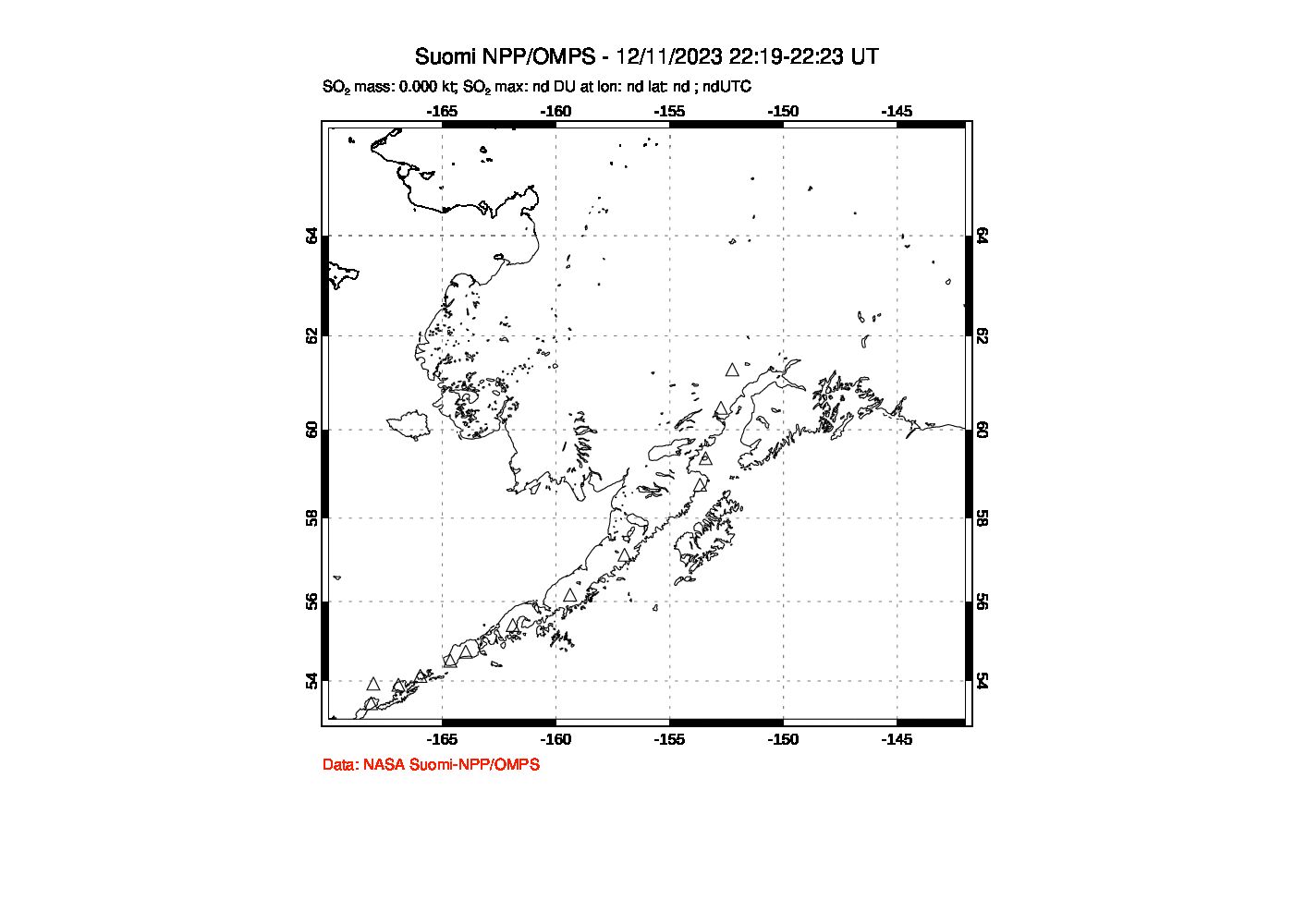 A sulfur dioxide image over Alaska, USA on Dec 11, 2023.