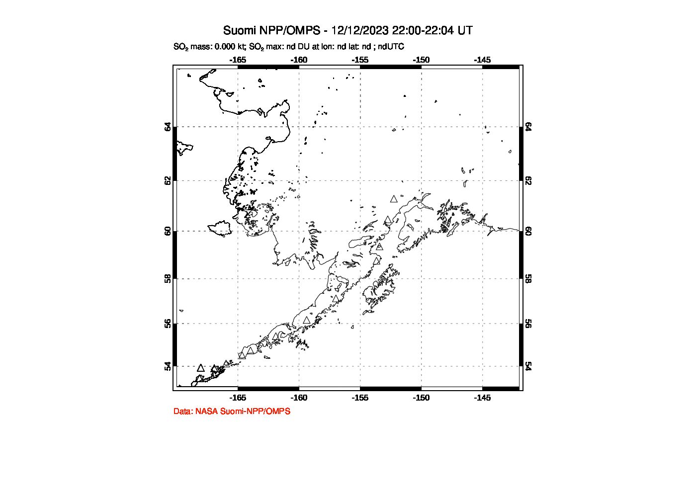 A sulfur dioxide image over Alaska, USA on Dec 12, 2023.