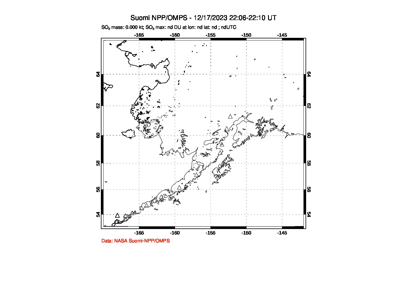 A sulfur dioxide image over Alaska, USA on Dec 17, 2023.