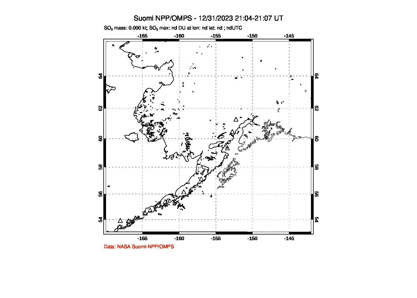 A sulfur dioxide image over Alaska, USA on Dec 31, 2023.