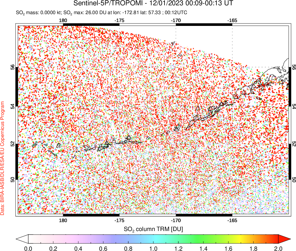 A sulfur dioxide image over Aleutian Islands, Alaska, USA on Dec 01, 2023.