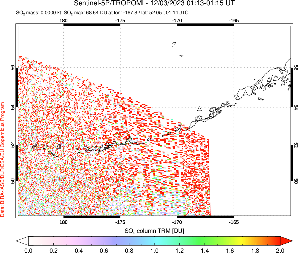 A sulfur dioxide image over Aleutian Islands, Alaska, USA on Dec 03, 2023.