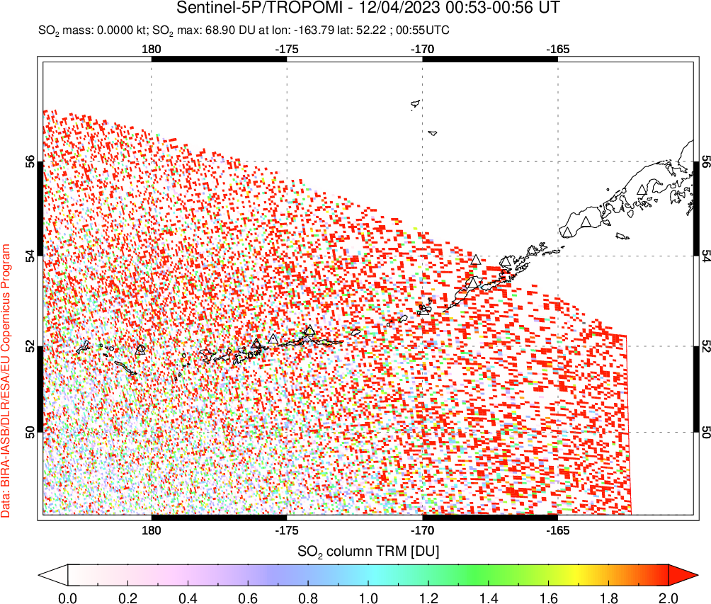 A sulfur dioxide image over Aleutian Islands, Alaska, USA on Dec 04, 2023.