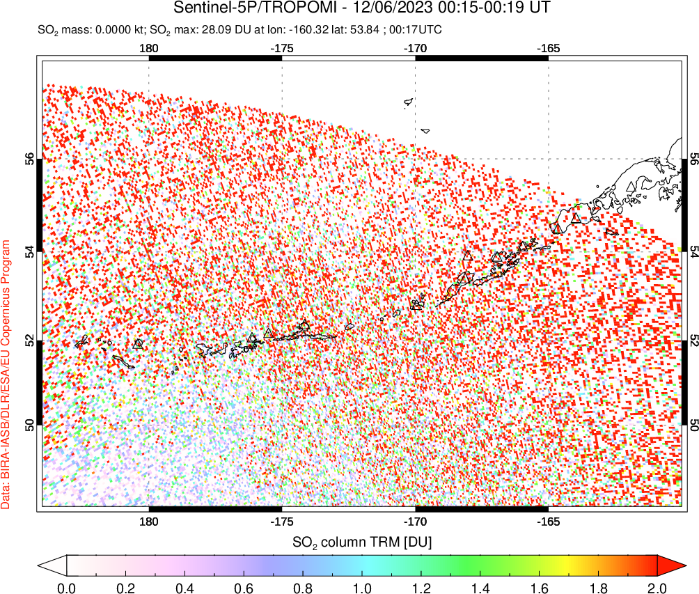 A sulfur dioxide image over Aleutian Islands, Alaska, USA on Dec 06, 2023.